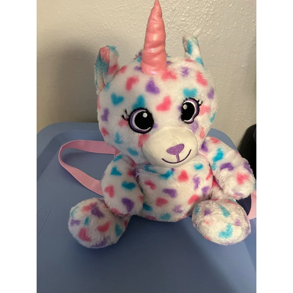 Carried Away Bags Kids Plush Unicorn Backpack White Heart Print Faux Fur Pink